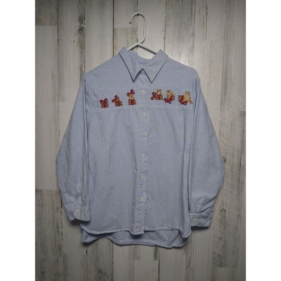 VTG Kitten Button Up Shirt Women Large White Embroidered Striped Kitties… - Picture 1 of 5